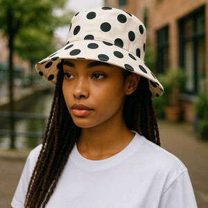 Bon Voyage Cotton Bucket Hat Cap Black & Ivory Oversized Polka Dots One Size NWT